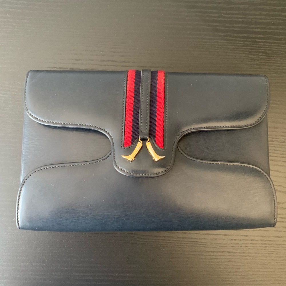 Gucci Black Leather Clutch with Red and Navy Stripe and Gold Hardware